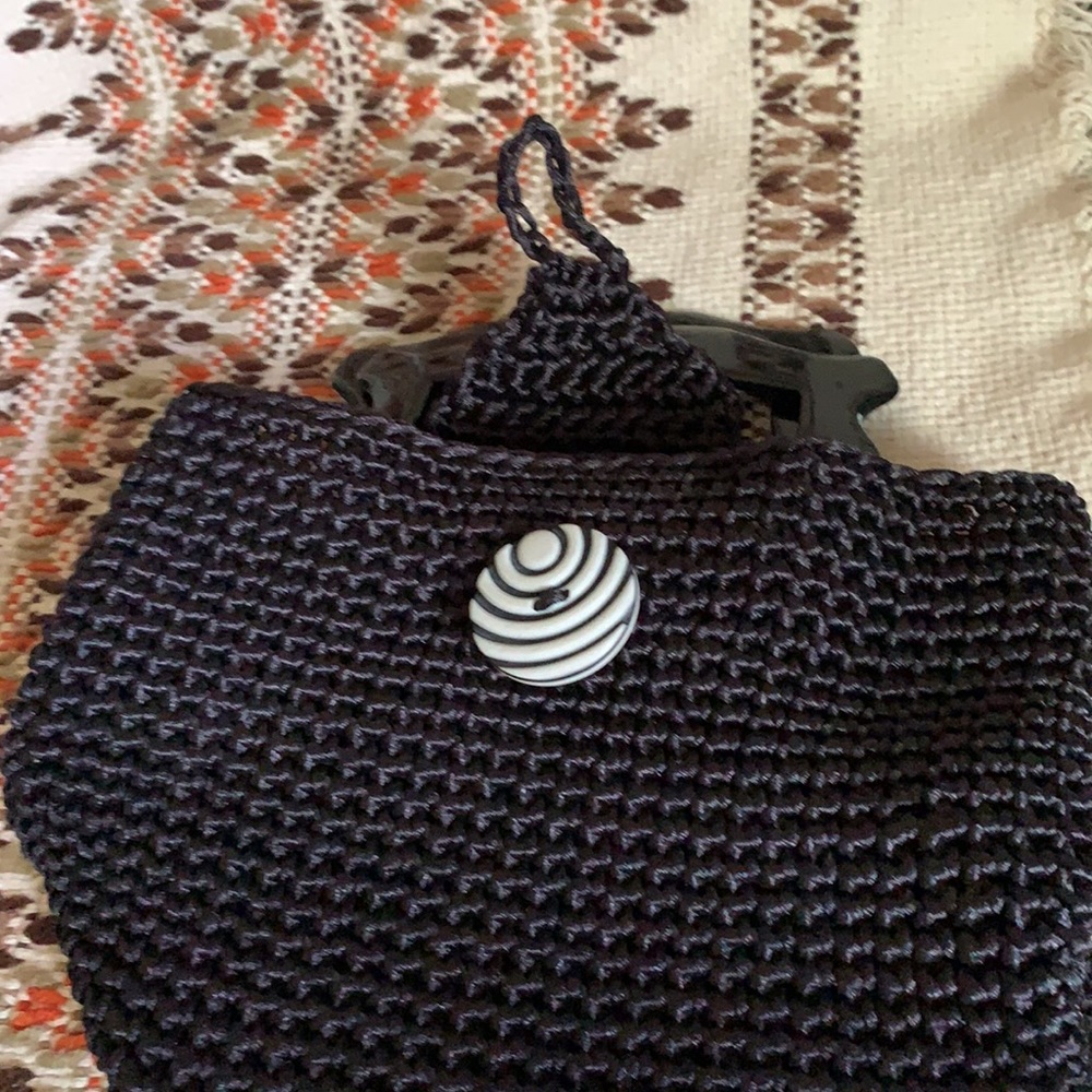 Mini Woven Black Hand Bag with Button Flap Closure - Picture 8 of 8